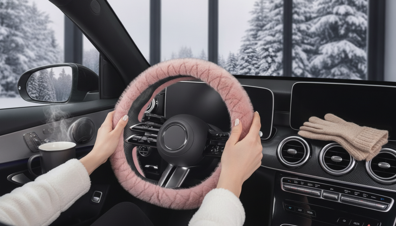 15-Inch Plush Diamond D-Shape Steering Wheel Cover Guide
