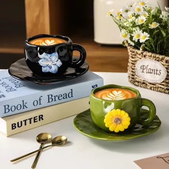 Embossed Flower Coffee Cup & Saucer Set (330ml)